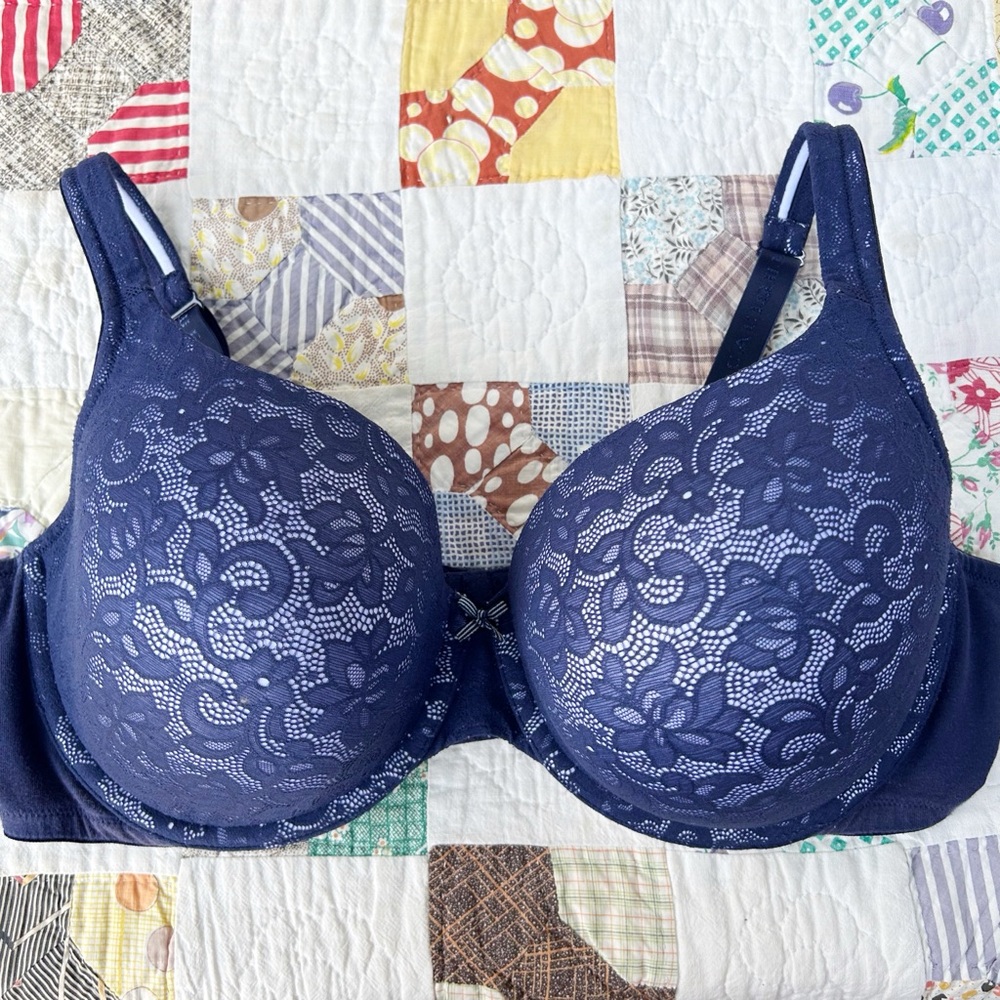 Lane Bryant Cacique Lightly LIned Plunge Bra 42DD Blue Floral Lace Underwire